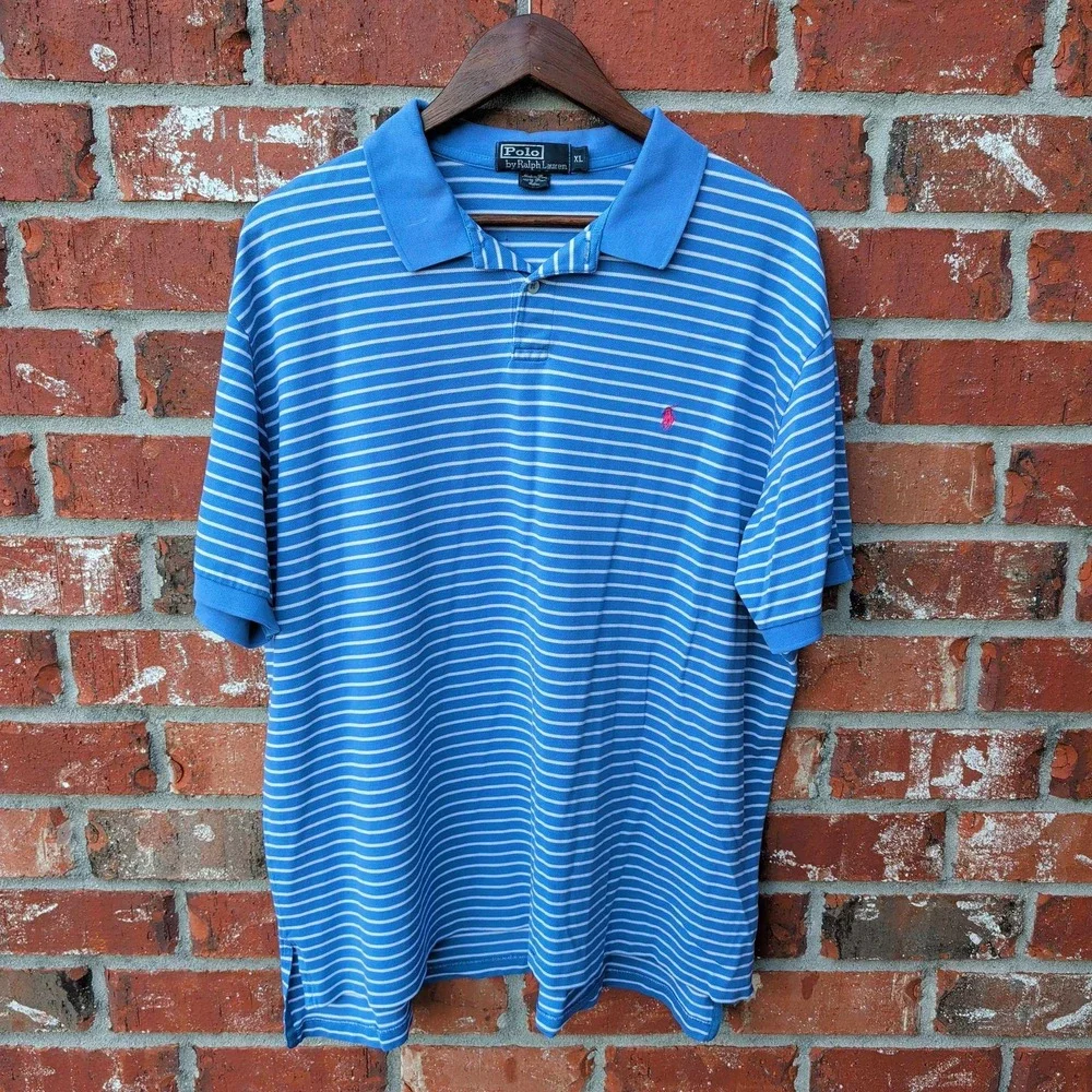 Polo Ralph Lauren Polo Shirt Men XL Blue Striped Pima Cotton Short Sleeve
